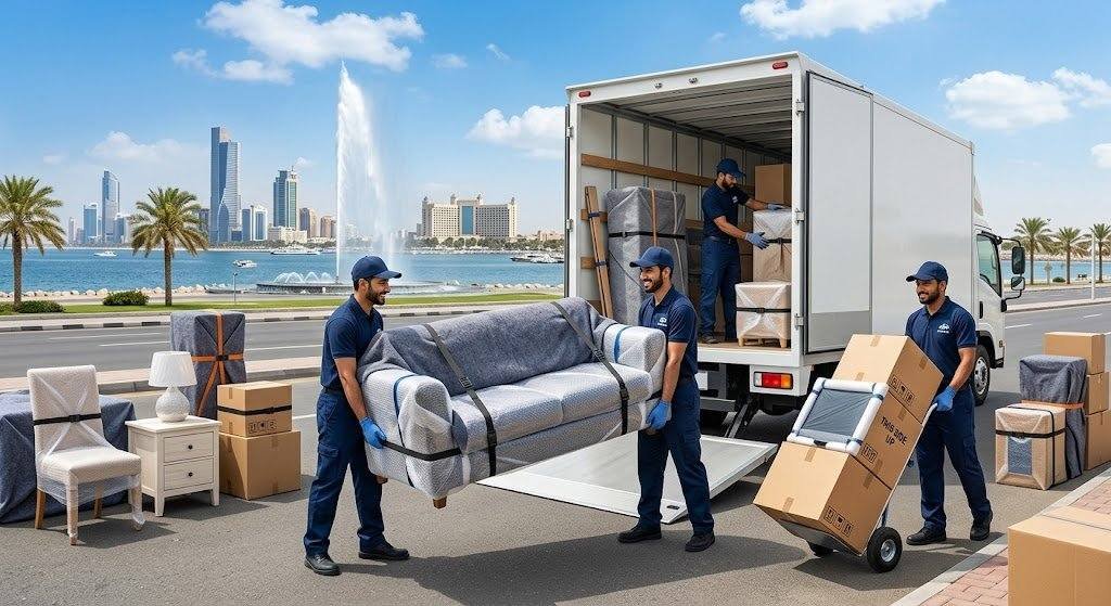 فريق عمل محترف يقوم بتغليف ونقل الأثاث بعناية فائقة ضمن خدمات نقل عفش حي الشراع لضمان حماية الممتلكات ووصولها بأمان تام وبدون أي خدوش.