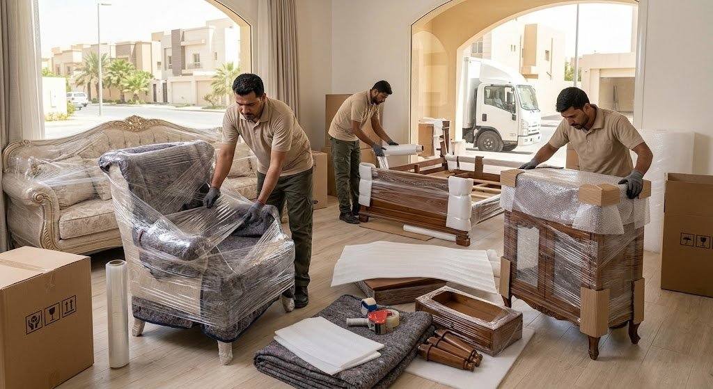 فريق عمل محترف يقوم بتغليف ونقل الأثاث بعناية فائقة ضمن خدمات نقل عفش حي المجد بجدة لضمان حماية الممتلكات ووصولها بأمان تام وبدون أي خدوش.