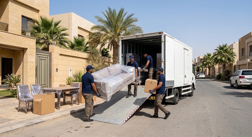 فريق متخصص يقوم بفك وتغليف ونقل العفش بأمان واحترافية ضمن خدمات نقل عفش حي العوالي بجدة