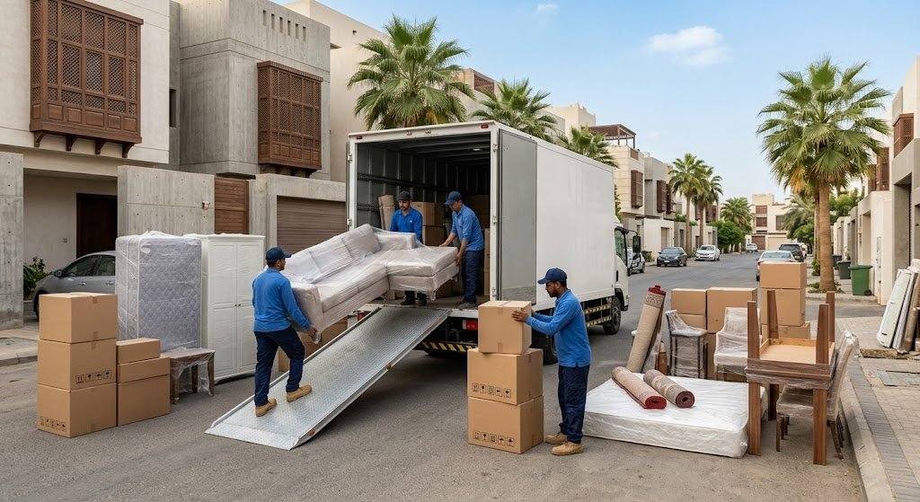 أثاث وصناديق مغلفة باحترافية وأمان وجاهزة للنقل ضمن خدمات نقل عفش حي السلامة بجدة لضمان الحفاظ على الممتلكات وتوفير تجربة مريحة.