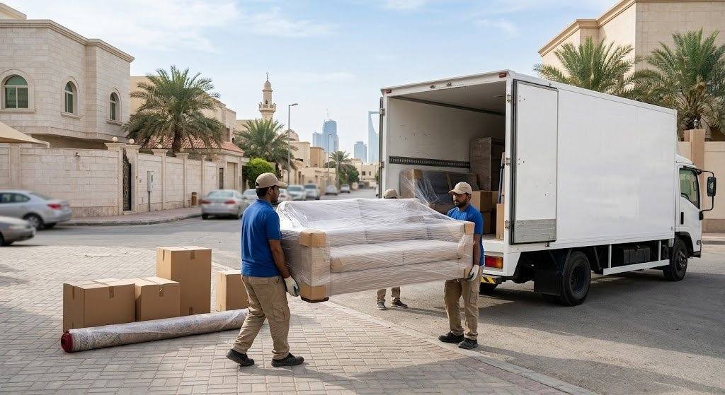 فريق عمل محترف يقوم بفك وتغليف ونقل الأثاث بعناية ضمن خدمات نقل عفش حي الحمراء بجدة لضمان حماية المنقولات وسلامتها.